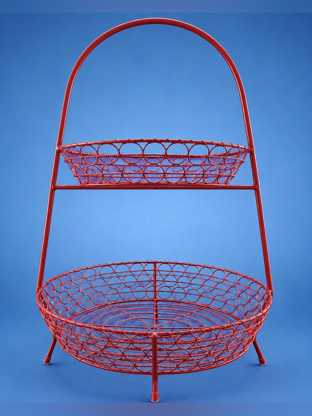Red Two-Tier Wire Basket Stand – Farmhouse Fruit & Countertop Organizer